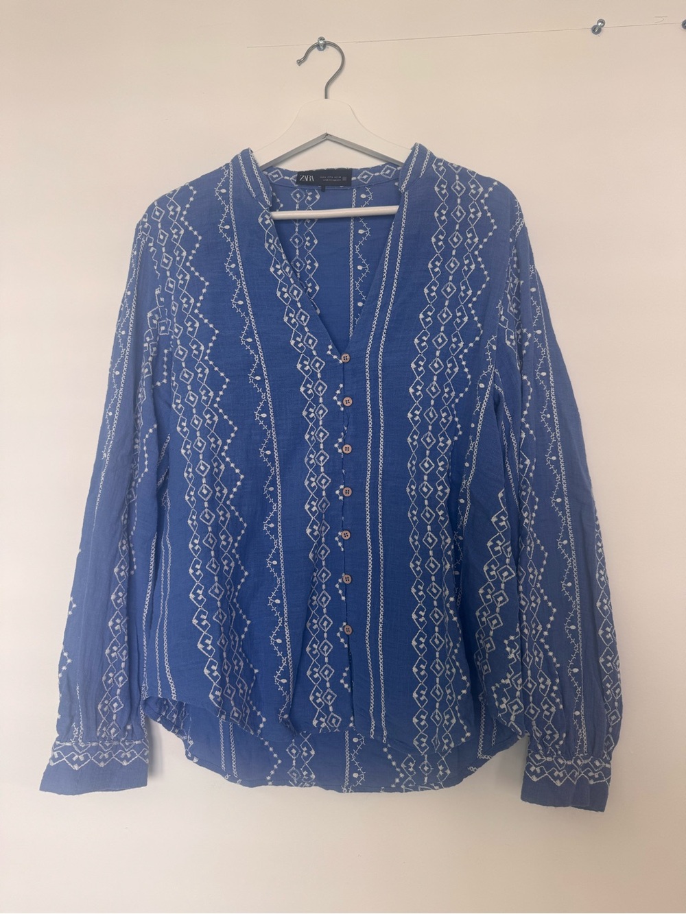 Zara Blue Embroidered Boho Button Front Blouse Size S